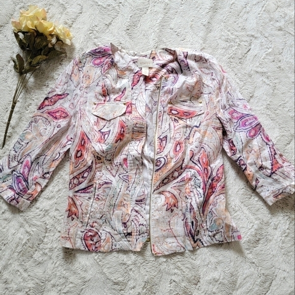 ✨CL Chico's 100% Linen Paisley Pastel Color Print Full Zip 3/4 Sleeve Blazer 0 - Picture 1 of 13
